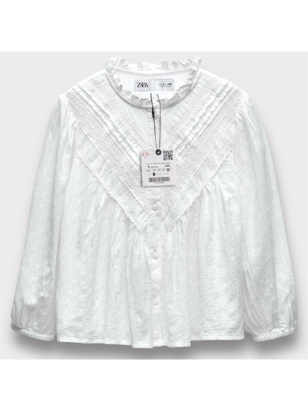 NWT Zara Girls White Lace Yoke Blouse Size 8 Long Sleeve Swiss Dot Cotton Top